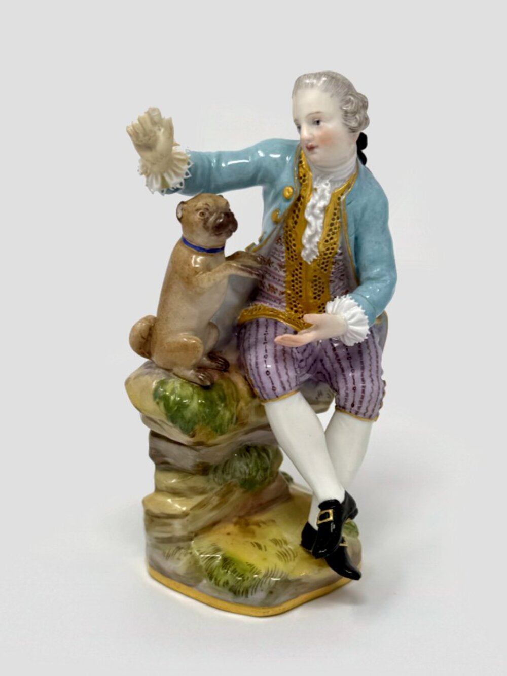Antique Meissen Porcelain Gentleman Teasing Pug Dog Figurine Eberlein Model 429